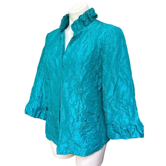 Chico’s Teal Crinkle Jacket, 3/4-Length Sleeves Women's Size 2 (L) - Picture 6 of 9